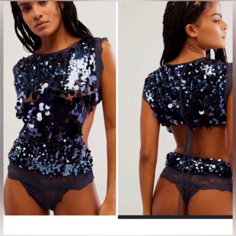Free People intimately Main Character navy‎ blue sequin lace open back Bodysuit - Picture 3 of 4